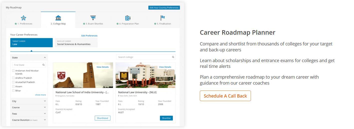 Career roadmap planner for college comparison and shortlisting